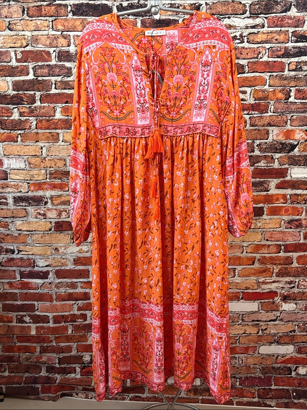 R. Violins Orange and Pink Paisley Tassel Midi/Maxi Flowy Dress Small 4/6